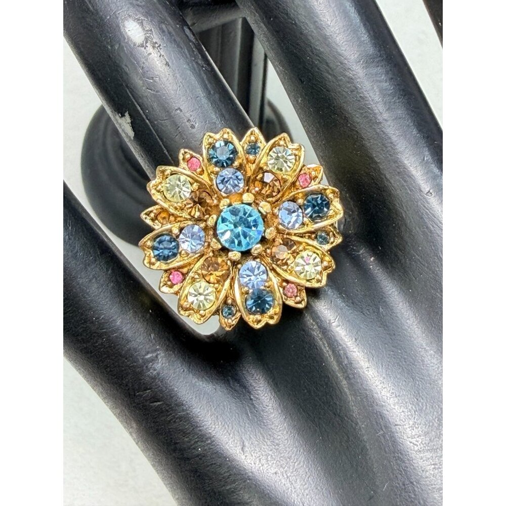 Nancy Nelson Gold Tone Floral Rhinestone Ring Sz 6 Vintage Multicolor